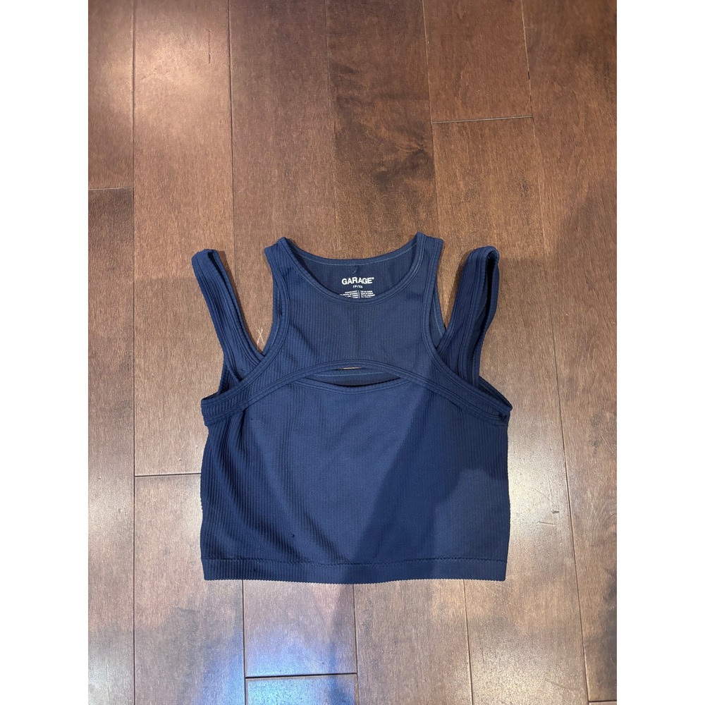 Garage Navy Blue Ribbed Knit Cutout Layered Crop Tank Top TP/XS